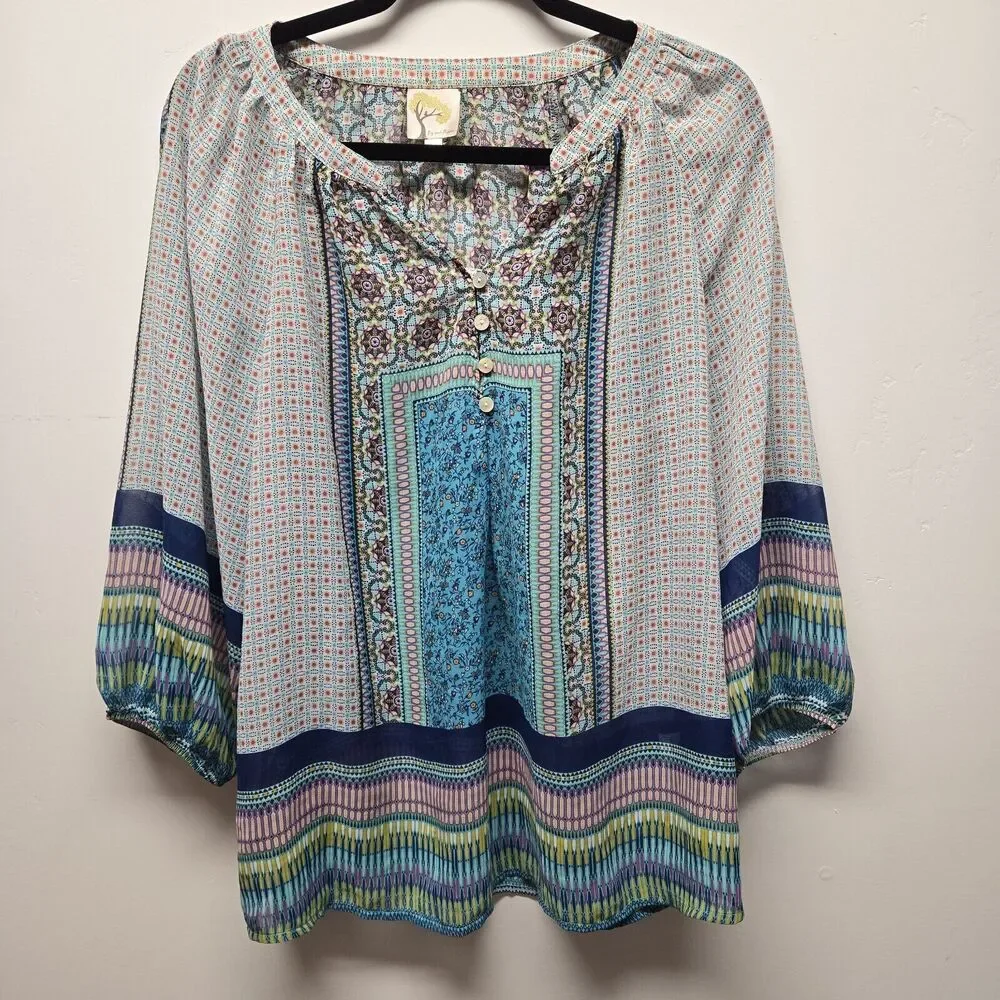 Anthropologie Fig & Flower Womens Tunic Floral Top Blouse sz Small Colorful